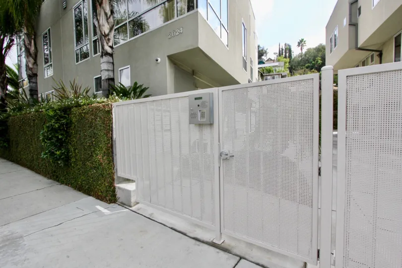 The entrance gate into Allesandro Palms in Silver Lake, California