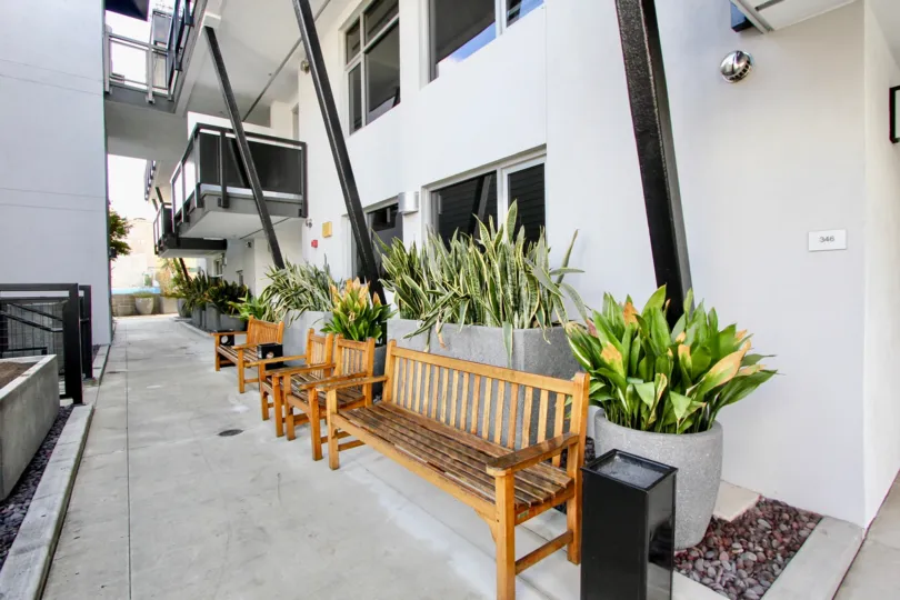 The sitting areas around Sunset Lake Lofts