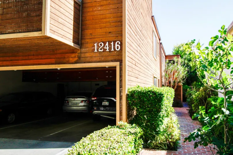 The address written on the building at 12416 Moorpark St
