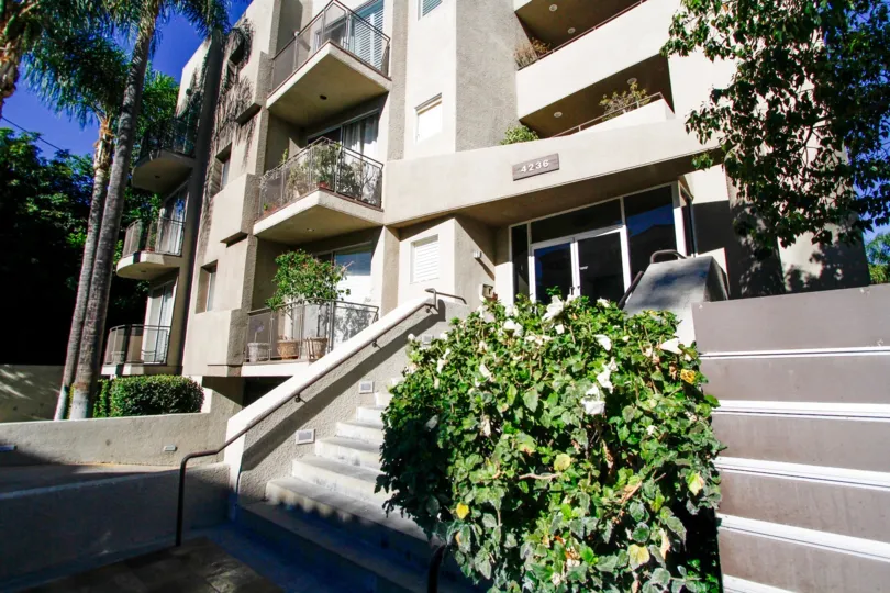 The stairs leading up to the entrance of 4236 Longridge Ave in Studio City