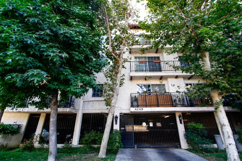 The driveway into the parking garage at L'Mirage in Studio City