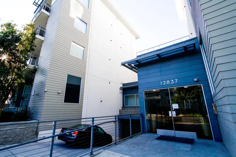 The parking ramp to get into the garage at Studio 837