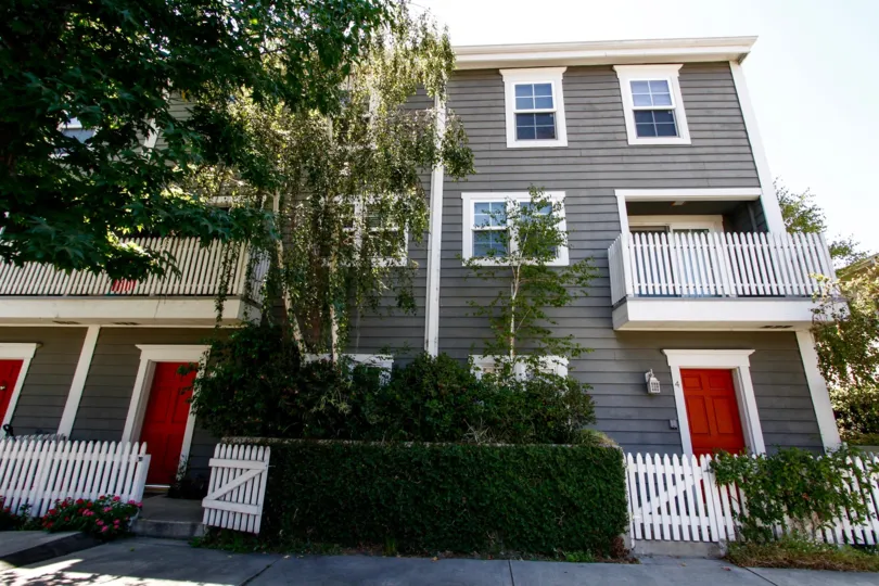 The red door into Woodbridge Court