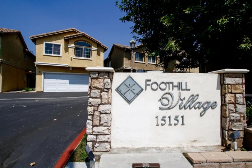 The welcoming sign for 17 Foothill Village in Sylmar California