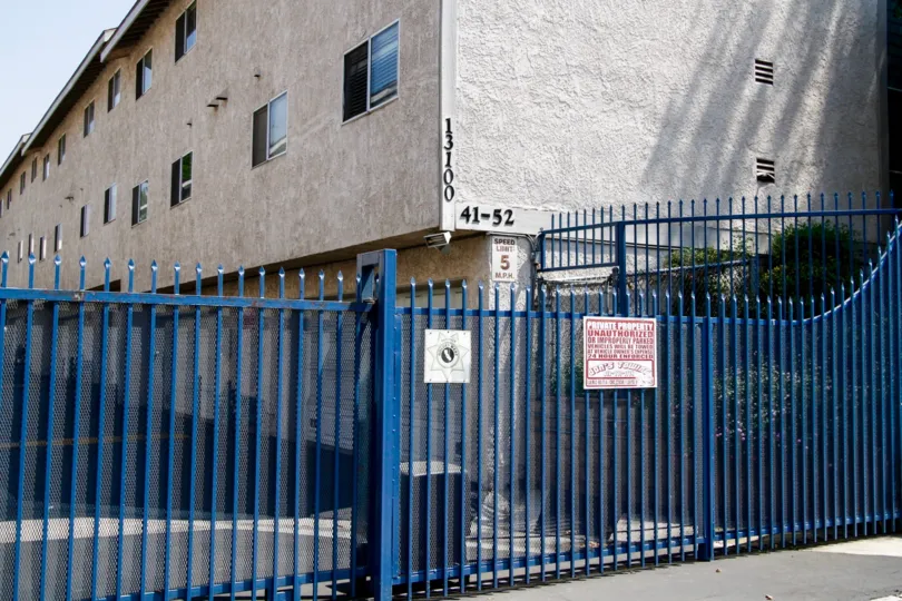 The gate for parking at the Kingsbury Condominiums in Sylmar California