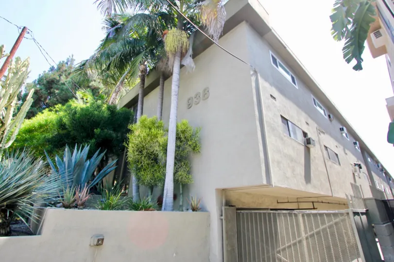 Palm trees next to a stucco apartment complex at 938 Palm Street in West Hollywood, California