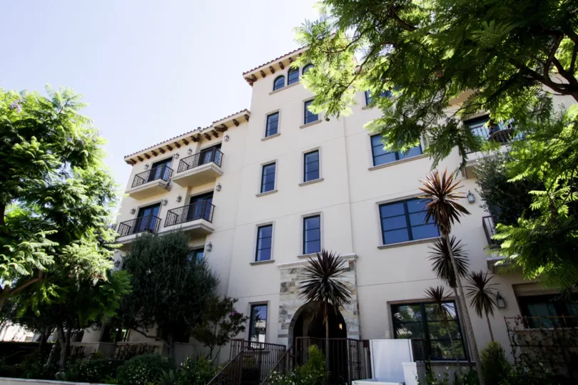The small balconies seen at the Croft Villas in West Hollywood