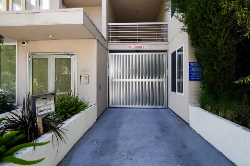 The gate into the parking area at the Fountain Villas VIII in West Hollywood