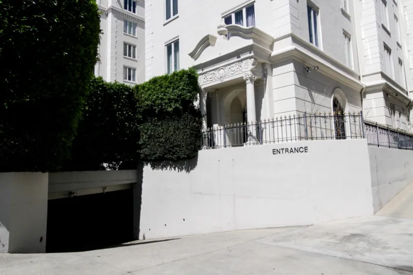 The entrance into the parking for Granville Towers