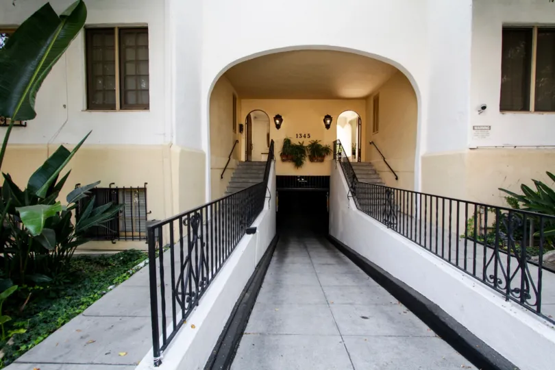 The entryway into Hayworth Gardens in West Hollywood