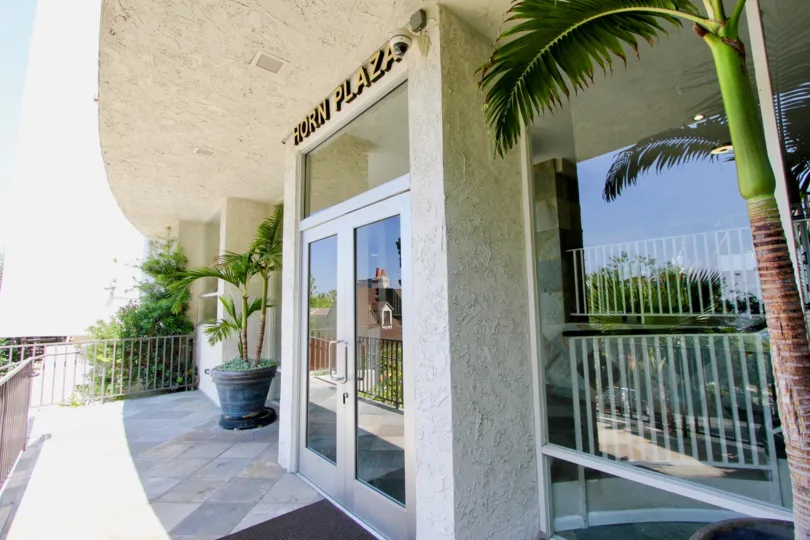 side shot of the entrance to Horn Plaza building, West Hollywood, California
