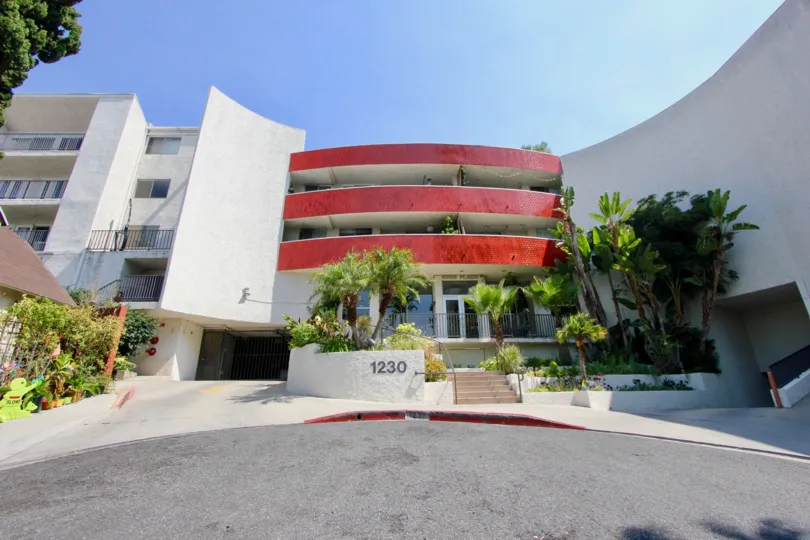 A very clear shot of the entrance to 1230 Horn Plaza, West Hollywood, California