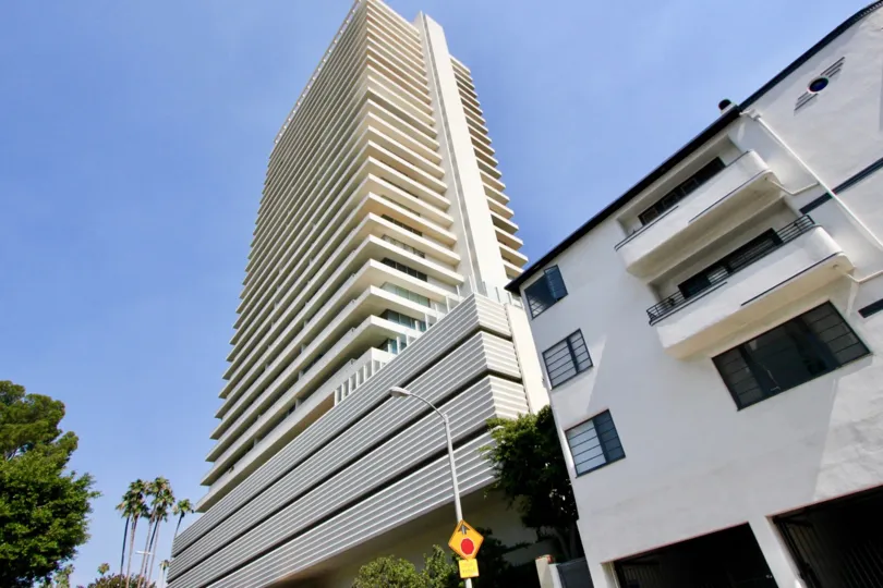Super cool and creamy walled highrise of Sierra Towers, West Hollywood, California