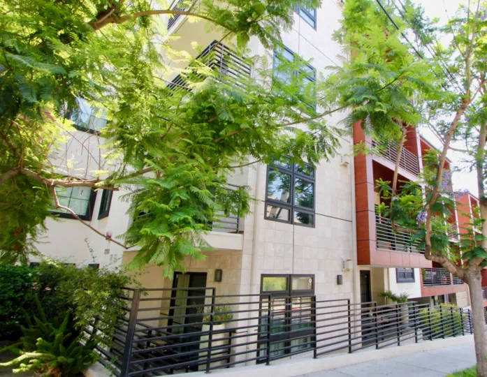 A modern apartment complex in West Hollywood with large balconies and great views.
