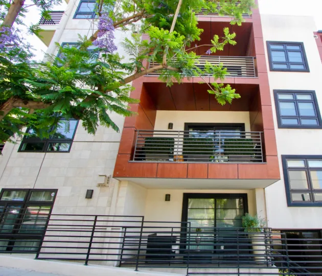 Modern balconies attached to an apartment building in The Shoreham Villas community of West Hollywood, California