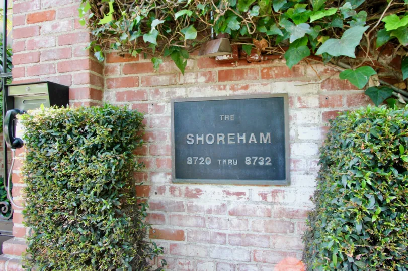 Classy brick styled entrance signage of The Shoreham, West Hollywood, California