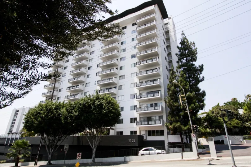 The view of Westview Towers from the street