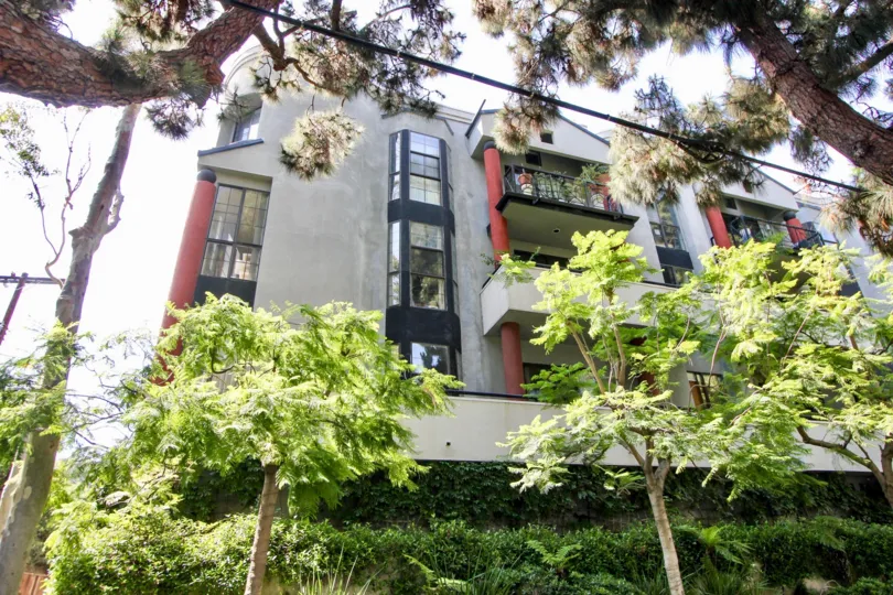 A sunny afternoon over the balconies and trees of 12211 Idaho in West LA.