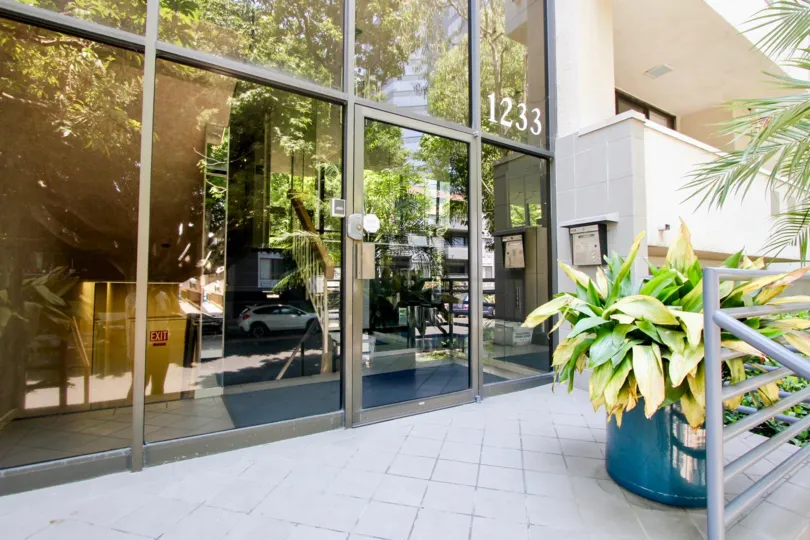 The entrance to 1233 Amherst in West LA, California, featuring a large decorative plant.