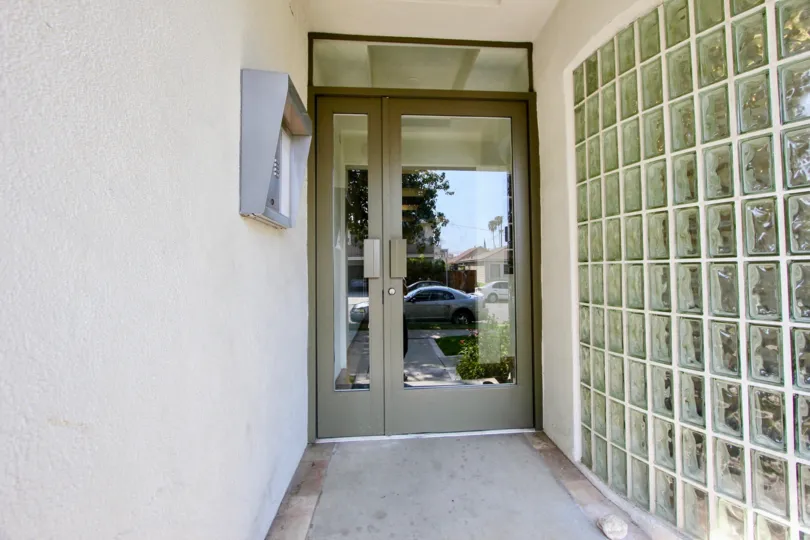 Classy glass side wall of 1133 Clark and the glass door, West La, California