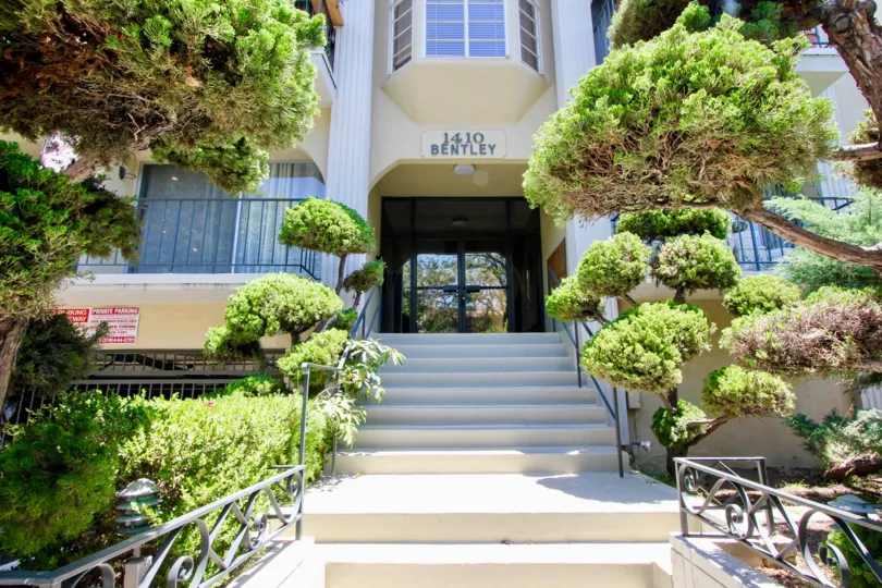 Stairs leading up to entrance with trees at 1410 Bentley in West LA, CA.