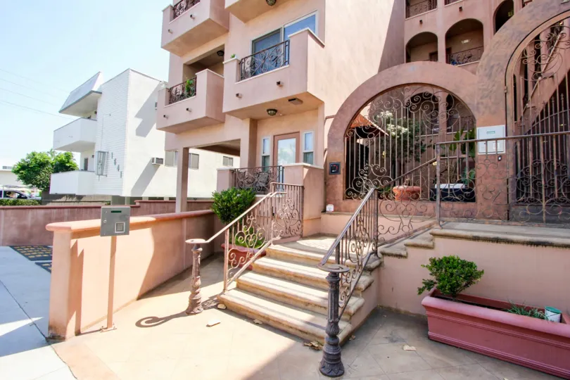 Palatial front entrance of 1629 Armacost with her amazing metal rails, West La, California