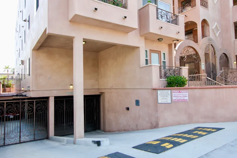 Underground garage entry to a rustic building at 1629 Armacost in West LA, California.