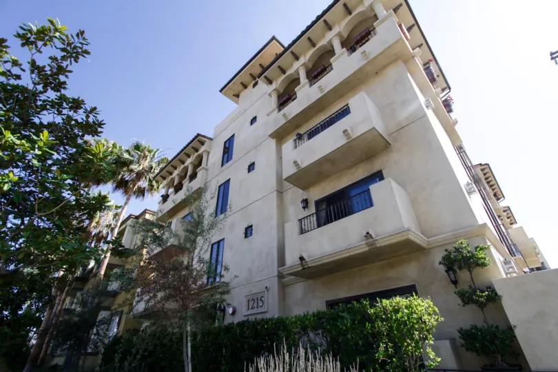 The private balconies for units within Armacost Toscana in West LA