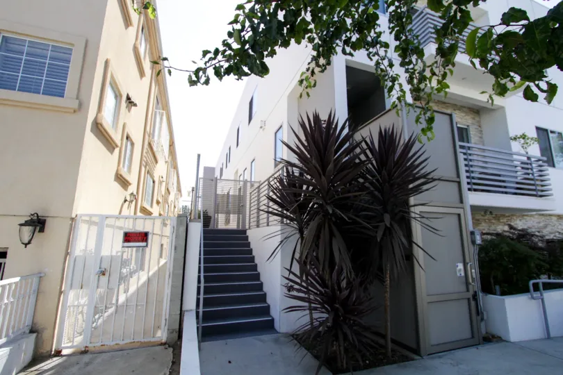 The stairwell leading into the Armacost Townhomes