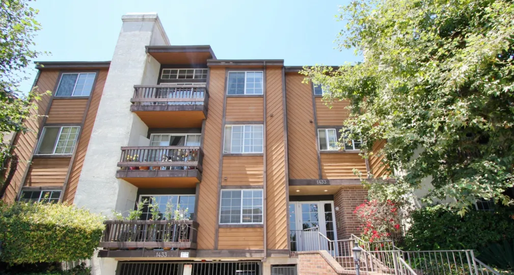 Fuller view of the classy Barry Court apartment building, West La, California
