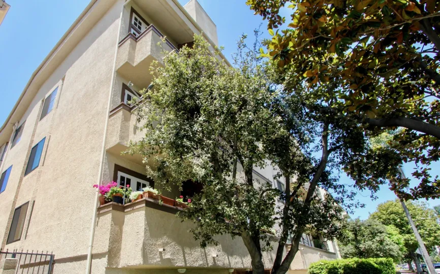 Green trees ourside of apartment building at the Bently Oaks community in West LA, California