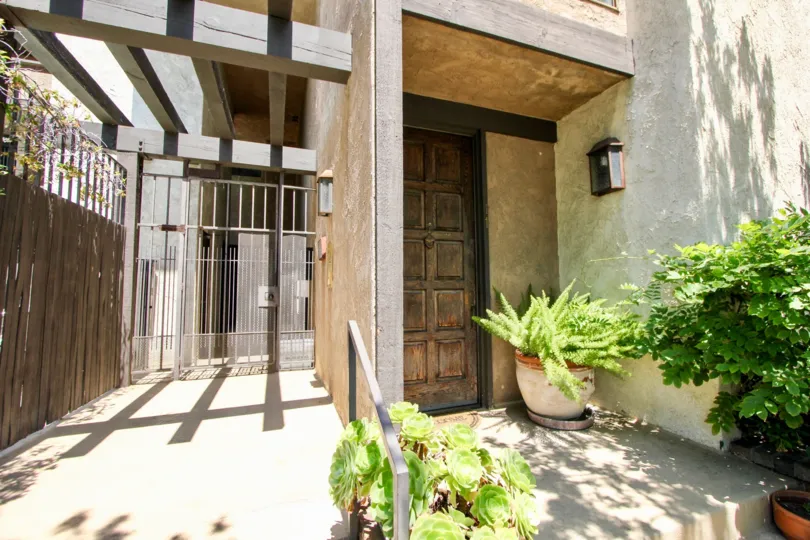 Entrance decorated with large potted ferns, succulents and shrubs lead into this modern condo