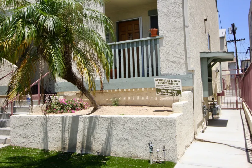 Palm tree gardens in sandy gardens on balconies of front townhouse