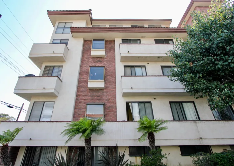 Brick and stucco combination building with balconies and windows with palm trees and shrubs adorning
