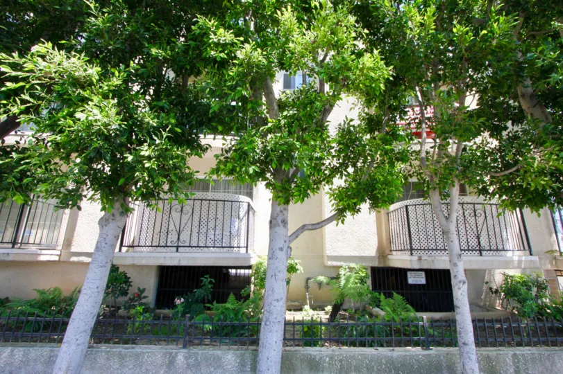 Sidewalk lined trees and border fence gardens among patios and underground parking