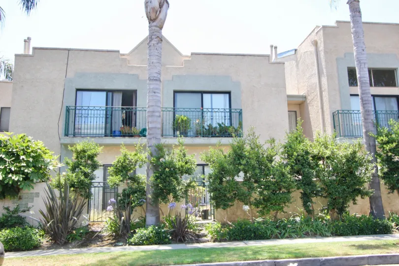 Condos with sliding door patio balconies and palm trees along the sidewalk