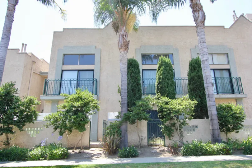 Pine and Palm trees with green flowers planted in front of a in West LA California