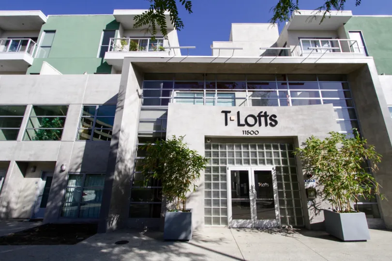 The sign and address over the entrance of T Lofts of West LA