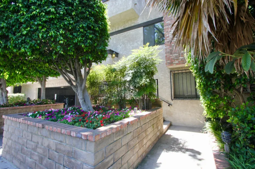 Raised beds and palm trees with flowers at westbury condos
