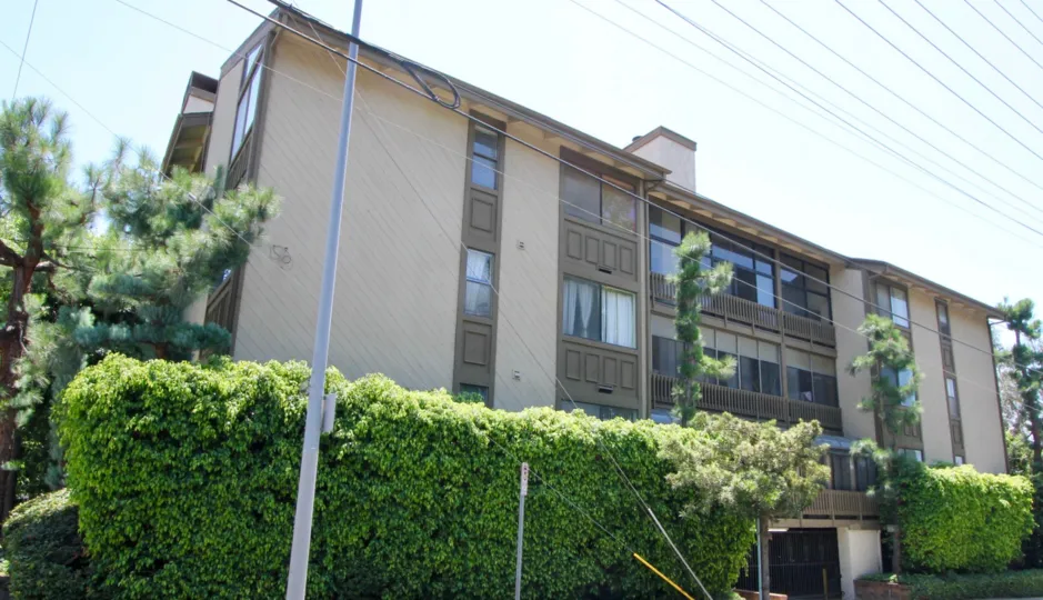 Green flowers and plant planted around A brown and cream colored block of flats at Westside Villa in West LA California also Electric cables pass over the house.