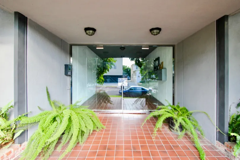 Glass entrance of 10600 Eastborne, Westwood, california