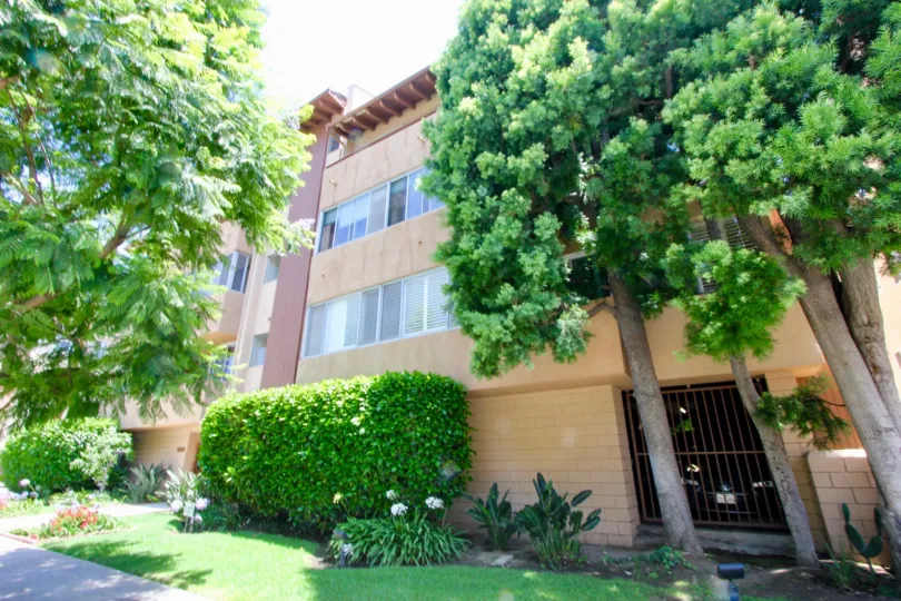 Two floor building having nice infrastructure and gardening area bushes, trees.