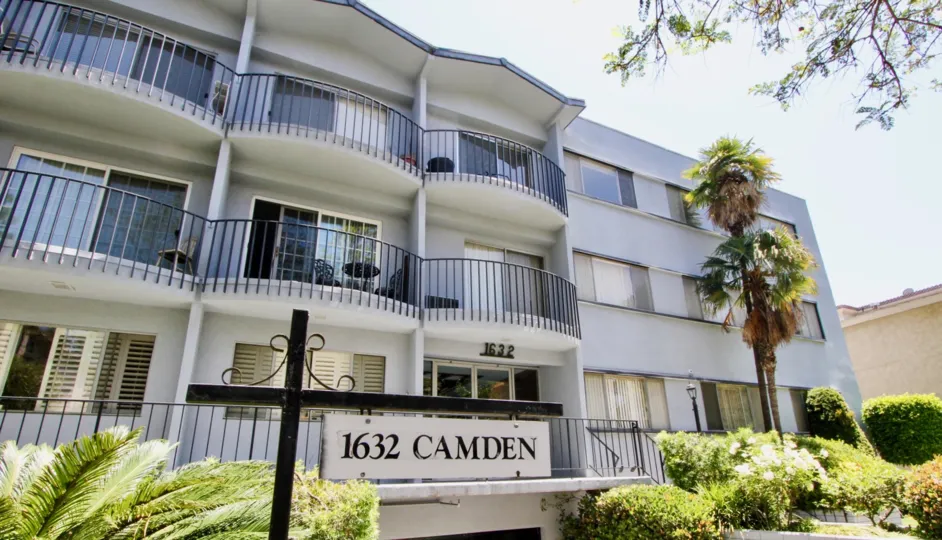 A sunny day in the 1632 Camden with beautiful apartment and a big tree infrond of the apartment.