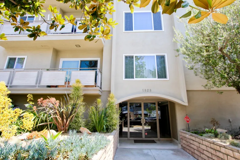 A colorful garden and shaded balconies at 1828 Holmby