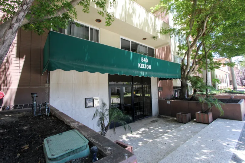 540 Kelton building with disorganized tree boundaries around it.