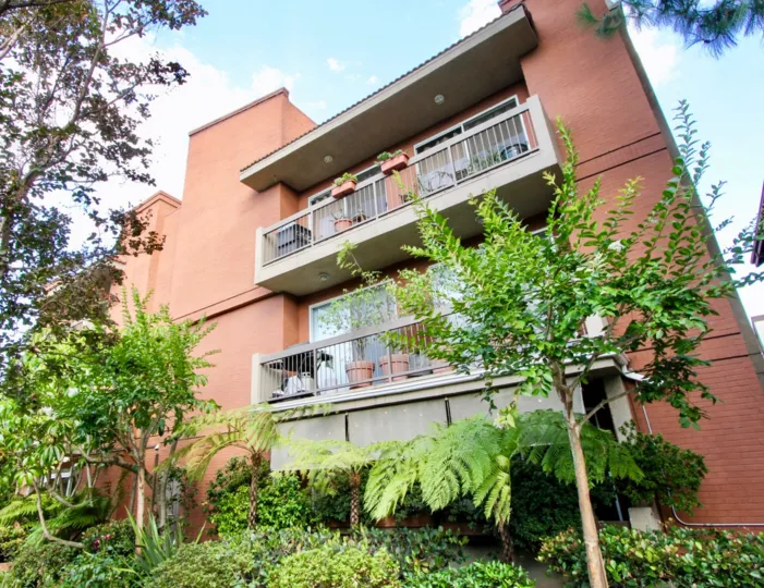 Large and stylish balconies provide of view of the plants below at Almayo Court in Westwood California.