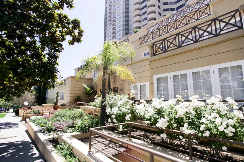 The patio doors of the Ashton Thayer Plaza