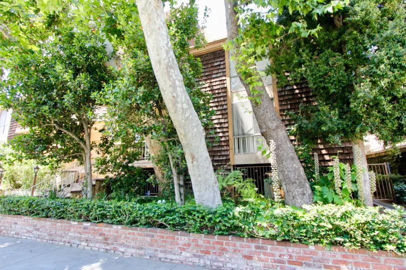 Trees and shrubbery line a red brick fence outside of the Bentley Gardens II in Westwood, California
