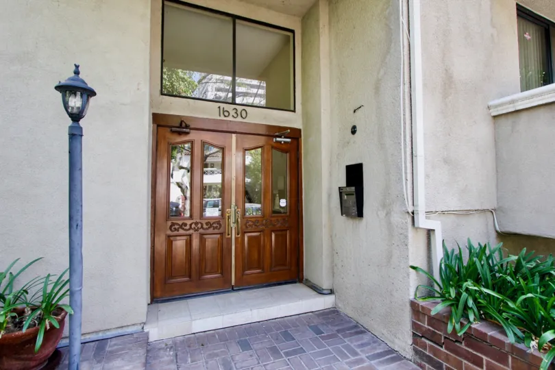 tastefully finished details of 1630 security system and door of Bently gardens Apartment, Westwood, California