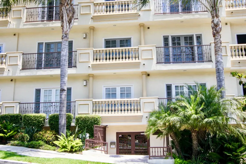 A view of the residence at Century Fox Hills, a modern building with a French feel.